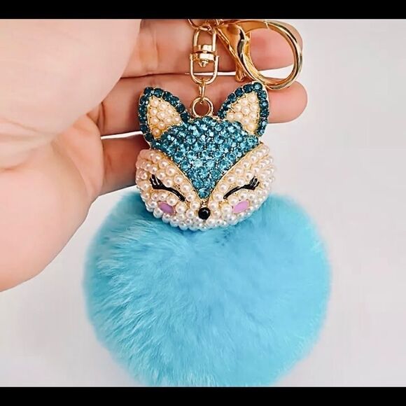 BLUE CRYSTAL/PEARL FOX POMPOM KEYCHAIN - Picture 1 of 1